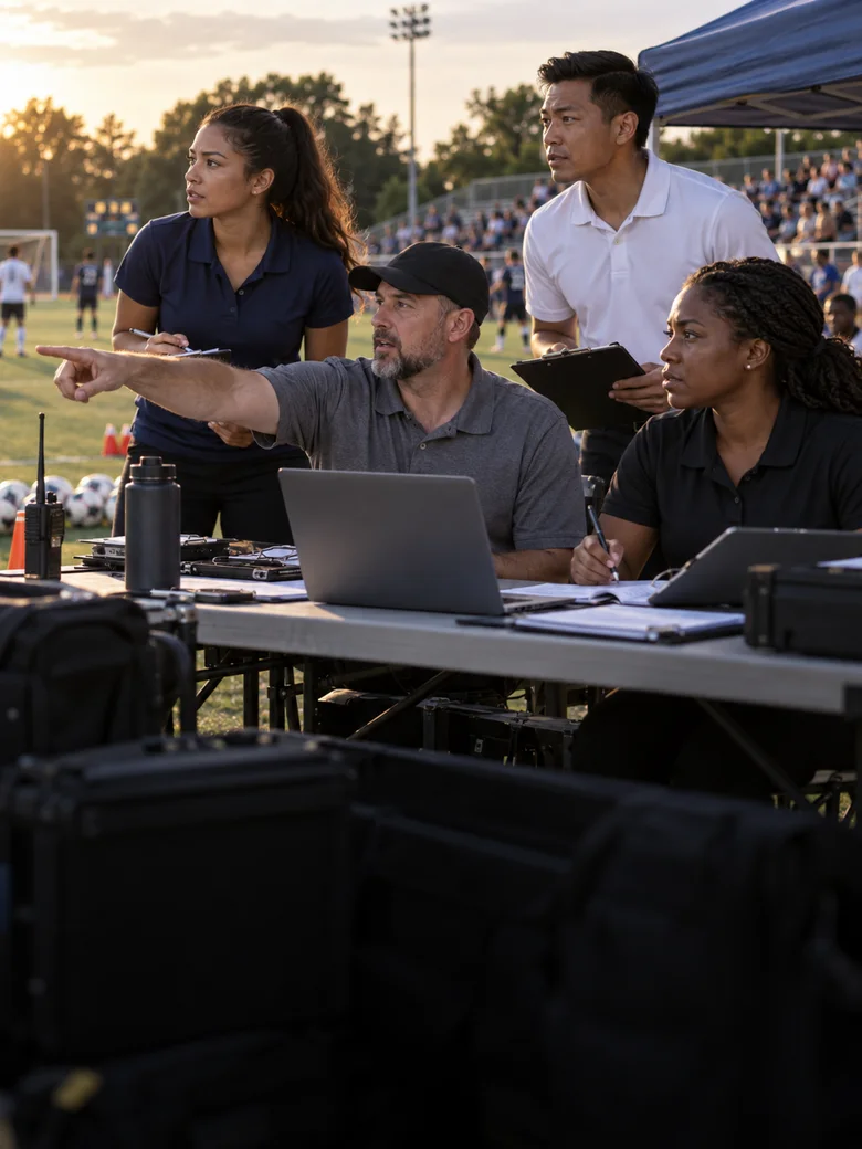 Sports event staff coordinating from a sideline operations table